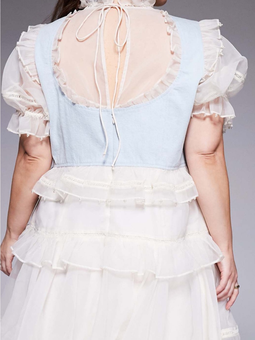 ASOS LUXE Curve Ivory Ruffle Mini Dress with Sheer Puff Sleeves and pearls - Picture 3 of 7